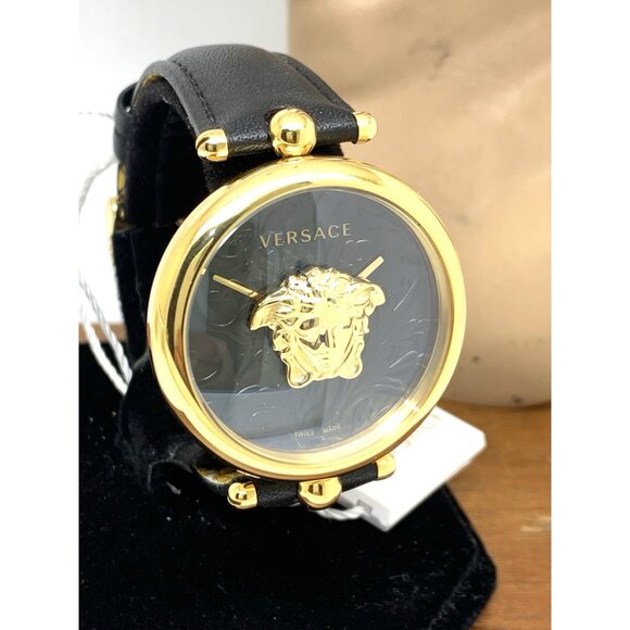 Versace Womens Watch VECO01420 Palazzo Swiss Quartz Gold Black Dial Leather Band - Picture 13 of 14